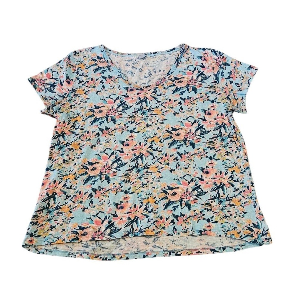 Sundance Womens Large Blue Floral V-Neck Short Sleeve 100% Cotton T-Shirt Top